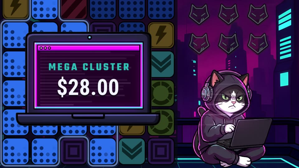 The hacker cat celebrating in the light of the terminal during the mega-cluster finale